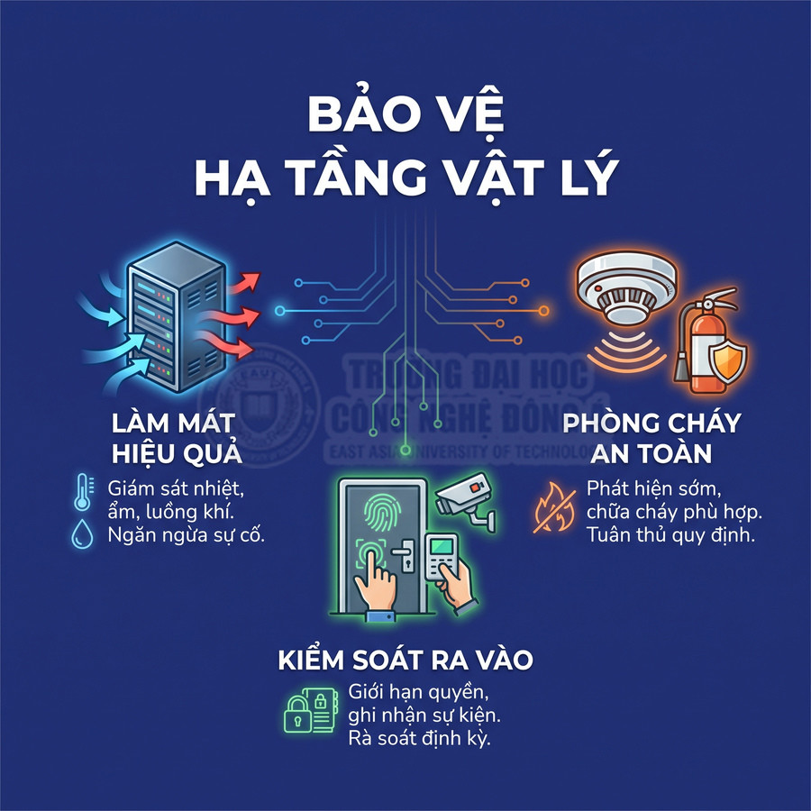 Giải pháp bảo vệ hạ tầng vật lý gồm làm mát máy chủ, phòng cháy an toàn và kiểm soát ra vào.