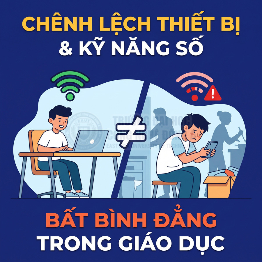 Minh họa bất bình đẳng giáo dục do chênh lệch thiết bị và kỹ năng số, học sinh dùng laptop đối lập với học sinh chỉ có điện thoại