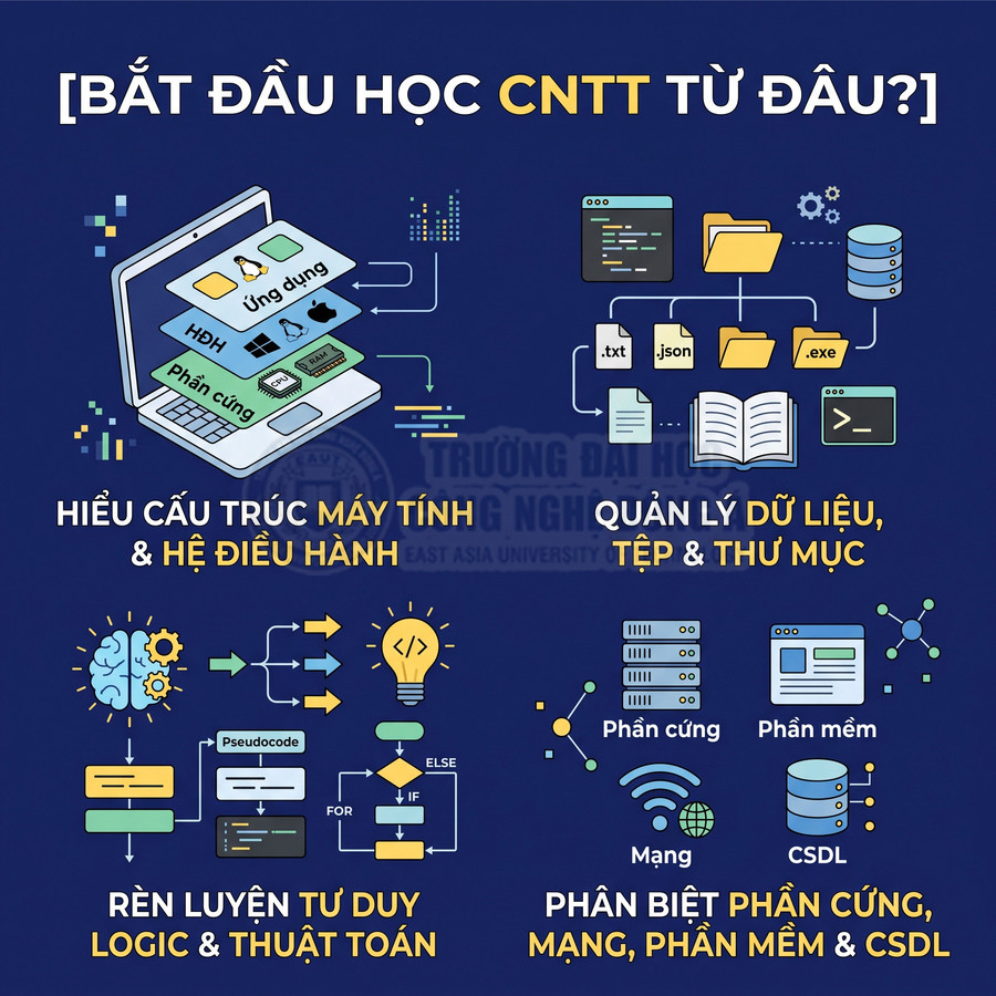 Hướng dẫn bắt đầu học CNTT với minh họa cấu trúc máy tính, dữ liệu, thuật toán và phân biệt phần cứng phần mềm