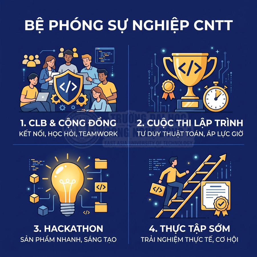 Infographic lộ trình nghề nghiệp CNTT với CLB cộng đồng, cuộc thi lập trình, hackathon và thực tập sớm