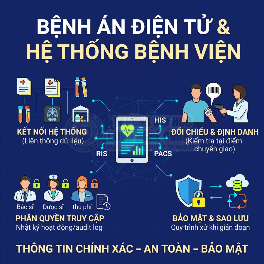 Bệnh án điện tử và hệ thống bệnh viện với kết nối dữ liệu, phân quyền truy cập, bảo mật và sao lưu thông tin y tế