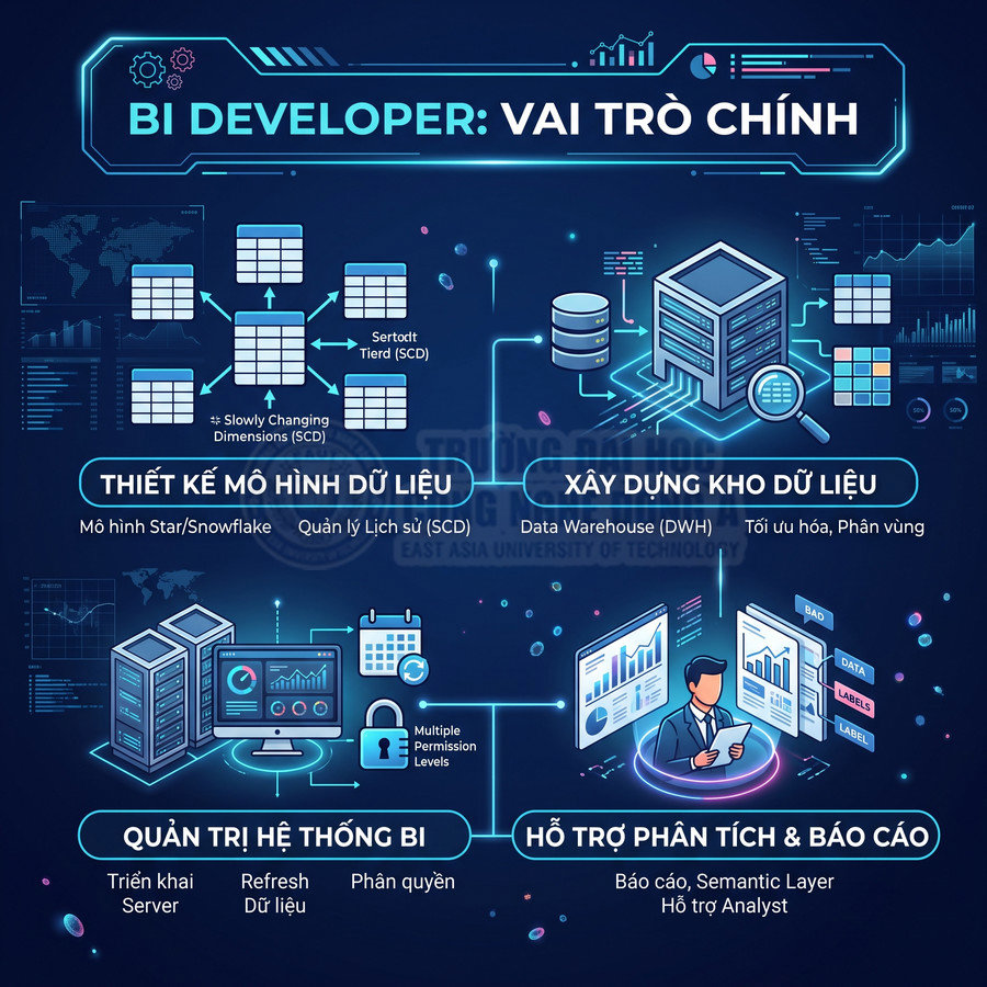 Infographic vai trò chính của BI Developer trong thiết kế mô hình dữ liệu, xây dựng kho dữ liệu và hỗ trợ phân tích báo cáo