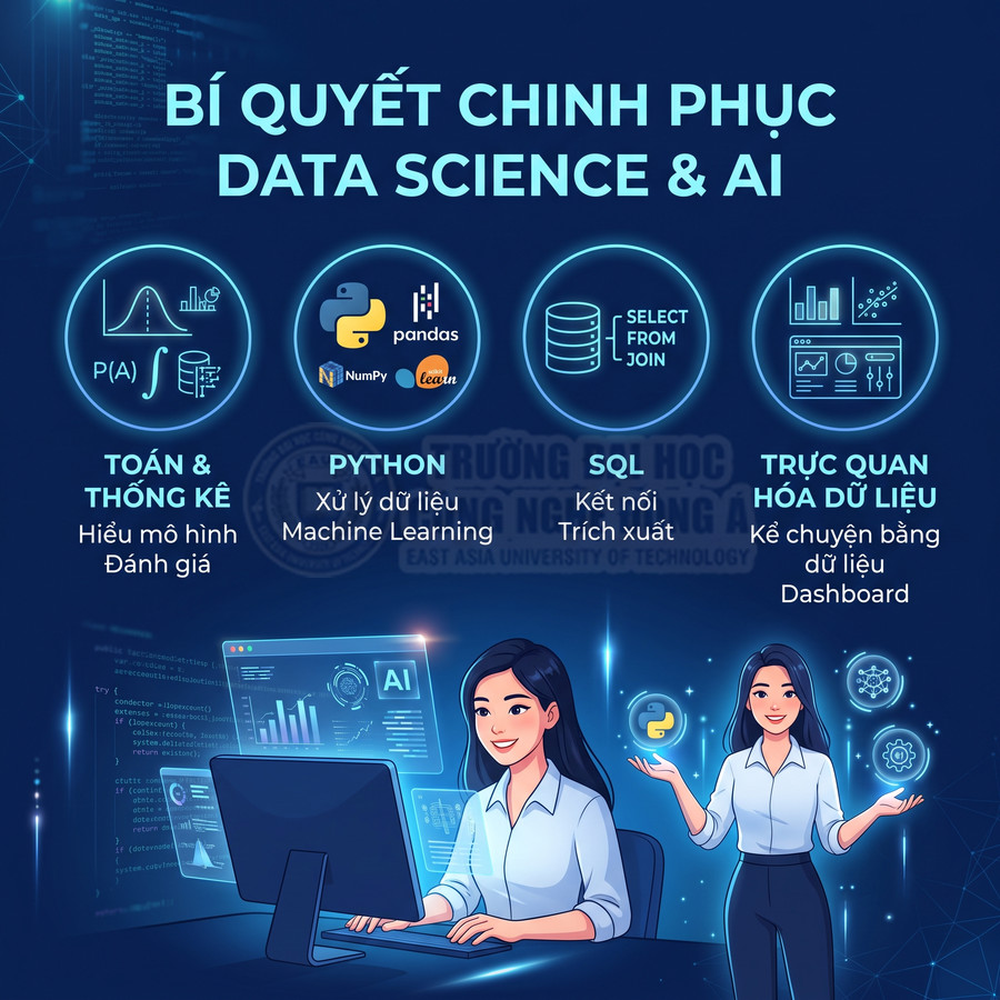 Poster khóa học bí quyết chinh phục Data Science và AI với Python SQL toán thống kê và trực quan hóa dữ liệu