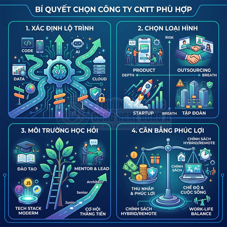 Bí quyết chọn công ty CNTT phù hợp với lộ trình nghề nghiệp, loại hình, môi trường học hỏi và phúc lợi cân bằng