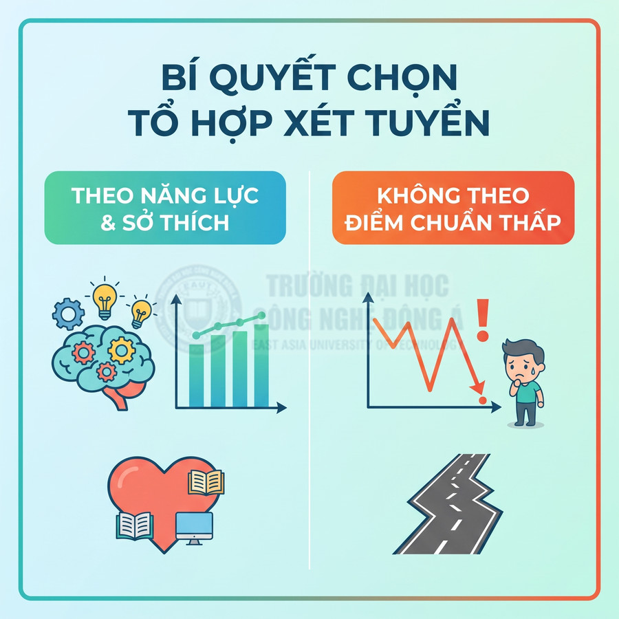 Infographic bí quyết chọn tổ hợp xét tuyển theo năng lực và sở thích, không chạy theo điểm chuẩn thấp
