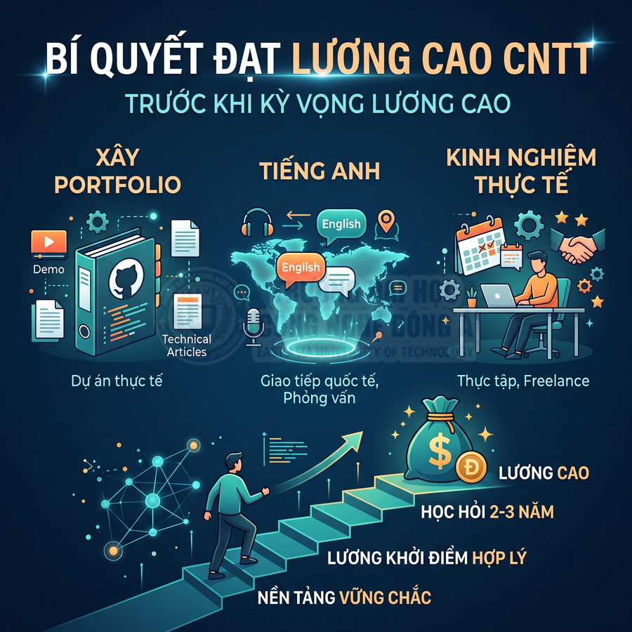 Infographic bí quyết đạt lương cao ngành CNTT với xây portfolio, giỏi tiếng Anh và kinh nghiệm thực tế