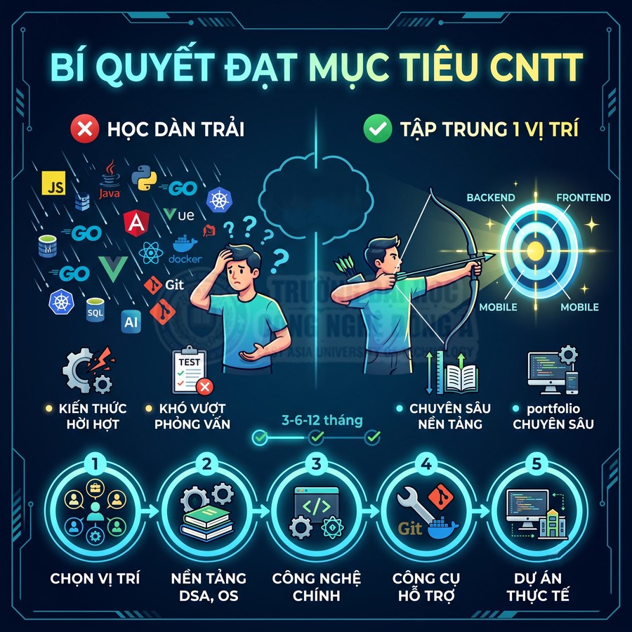 Infographic bí quyết đạt mục tiêu CNTT, so sánh học dàn trải và tập trung một vị trí backend frontend mobile