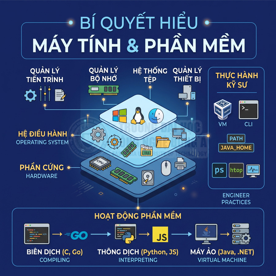 Sơ đồ bí quyết hiểu máy tính và phần mềm với hệ điều hành, phần cứng và hoạt động phần mềm