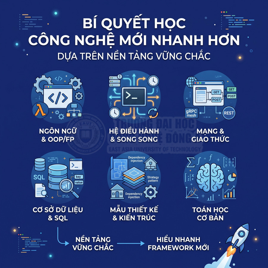 Bí quyết học công nghệ mới nhanh hơn với nền tảng vững chắc về lập trình, hệ điều hành, mạng, cơ sở dữ liệu, thiết kế và toán học