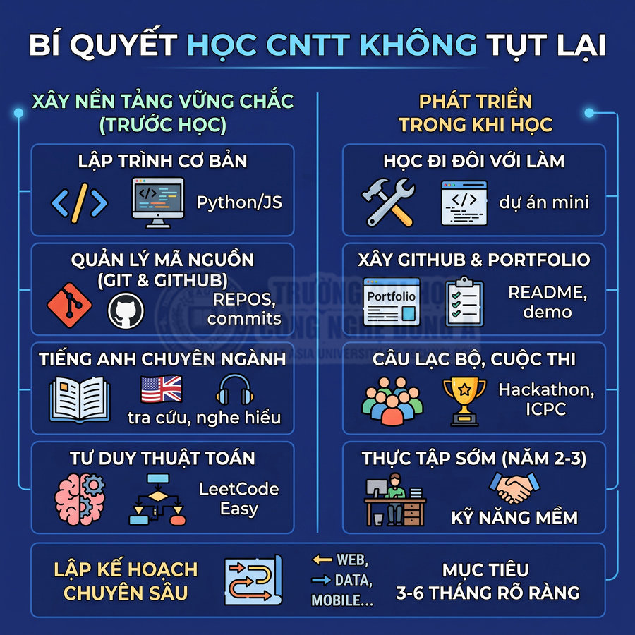 Bí quyết học CNTT không tụt lại với lộ trình nền tảng, thực hành dự án, GitHub, câu lạc bộ và mục tiêu 3-6 tháng