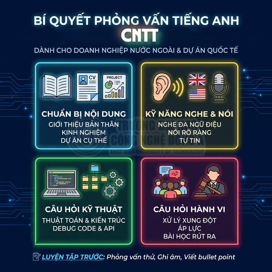 Bí quyết phỏng vấn tiếng Anh CNTT với chuẩn bị nội dung, kỹ năng nghe nói, câu hỏi kỹ thuật và câu hỏi hành vi