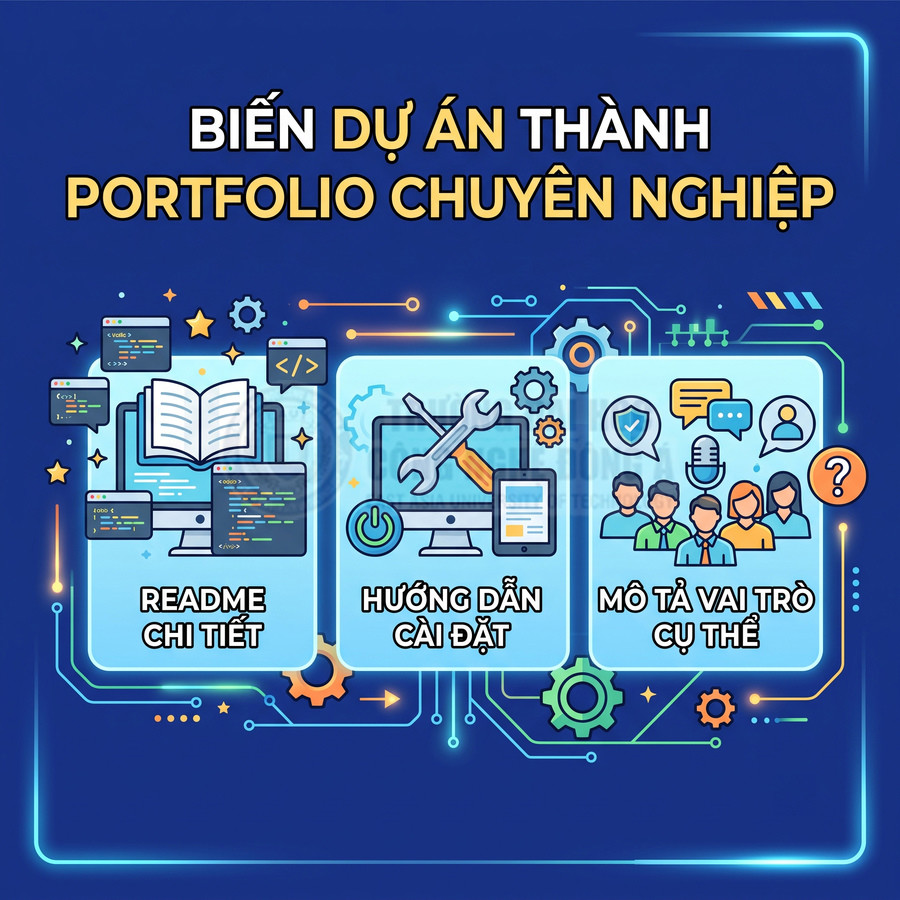 Banner hướng dẫn biến dự án lập trình thành portfolio chuyên nghiệp với README, hướng dẫn cài đặt và mô tả vai trò