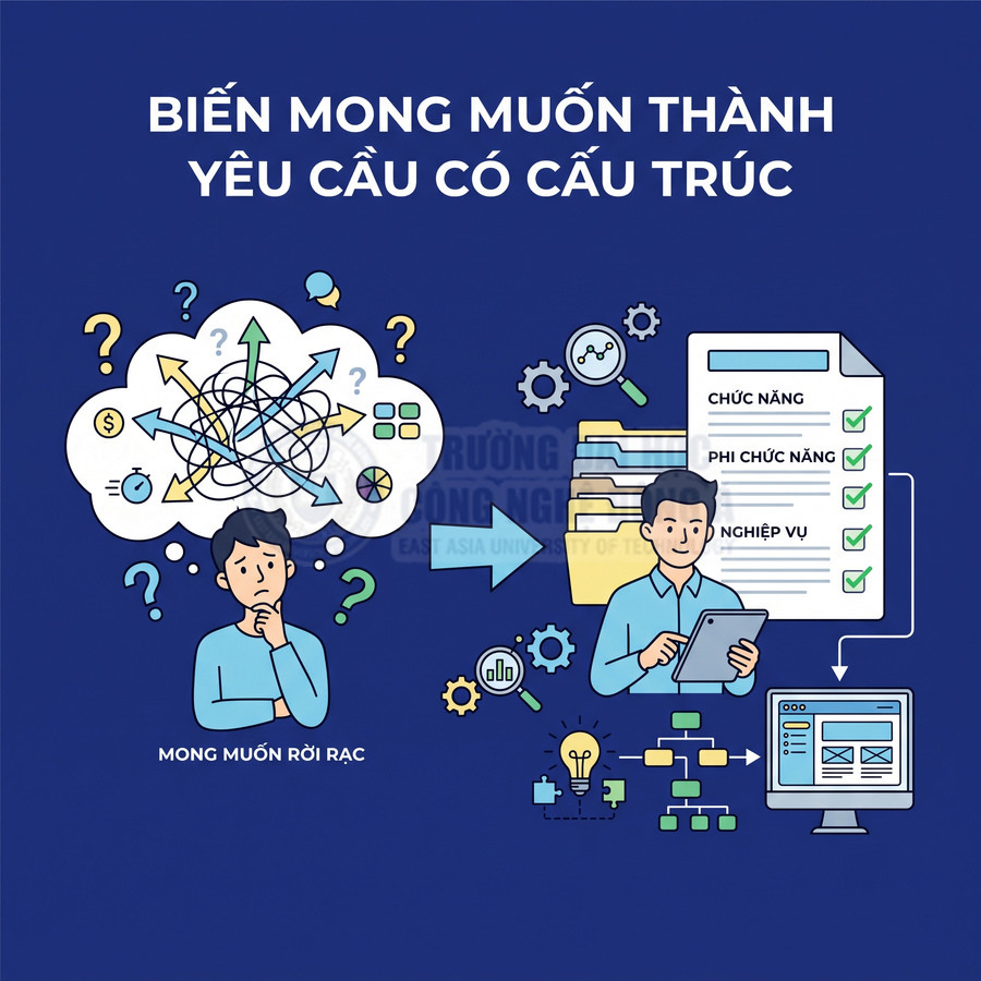 Minh họa quy trình chuyển mong muốn rời rạc của khách hàng thành yêu cầu phần mềm có cấu trúc