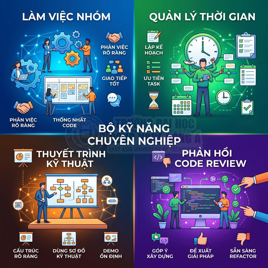 Bộ kỹ năng chuyên nghiệp cho lập trình viên gồm làm việc nhóm, quản lý thời gian, thuyết trình kỹ thuật và phản hồi code review