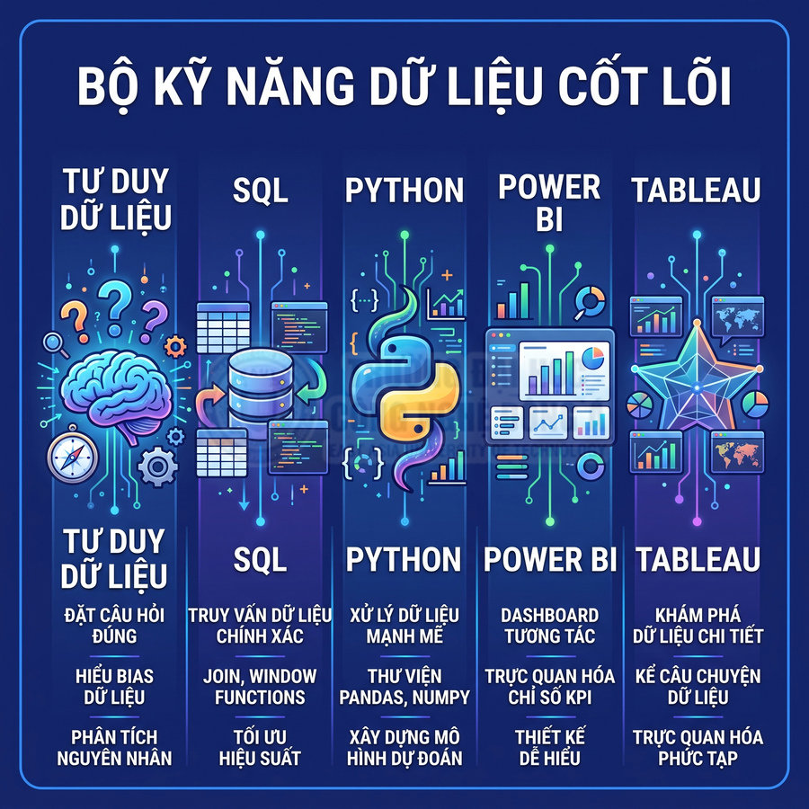 Bộ kỹ năng dữ liệu cốt lõi gồm tư duy dữ liệu, SQL, Python, Power BI và Tableau với mô tả ngắn gọn từng kỹ năng