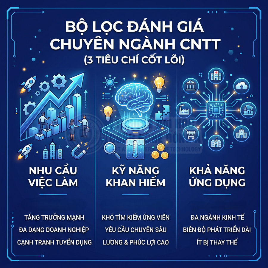 Bộ lọc đánh giá chọn chuyên ngành CNTT với 3 tiêu chí nhu cầu việc làm, kỹ năng khan hiếm và khả năng ứng dụng