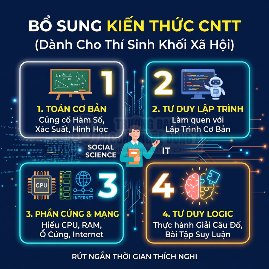 Infographic bổ sung kiến thức CNTT cho thí sinh khối xã hội với 4 phần toán, lập trình, phần cứng mạng, tư duy logic