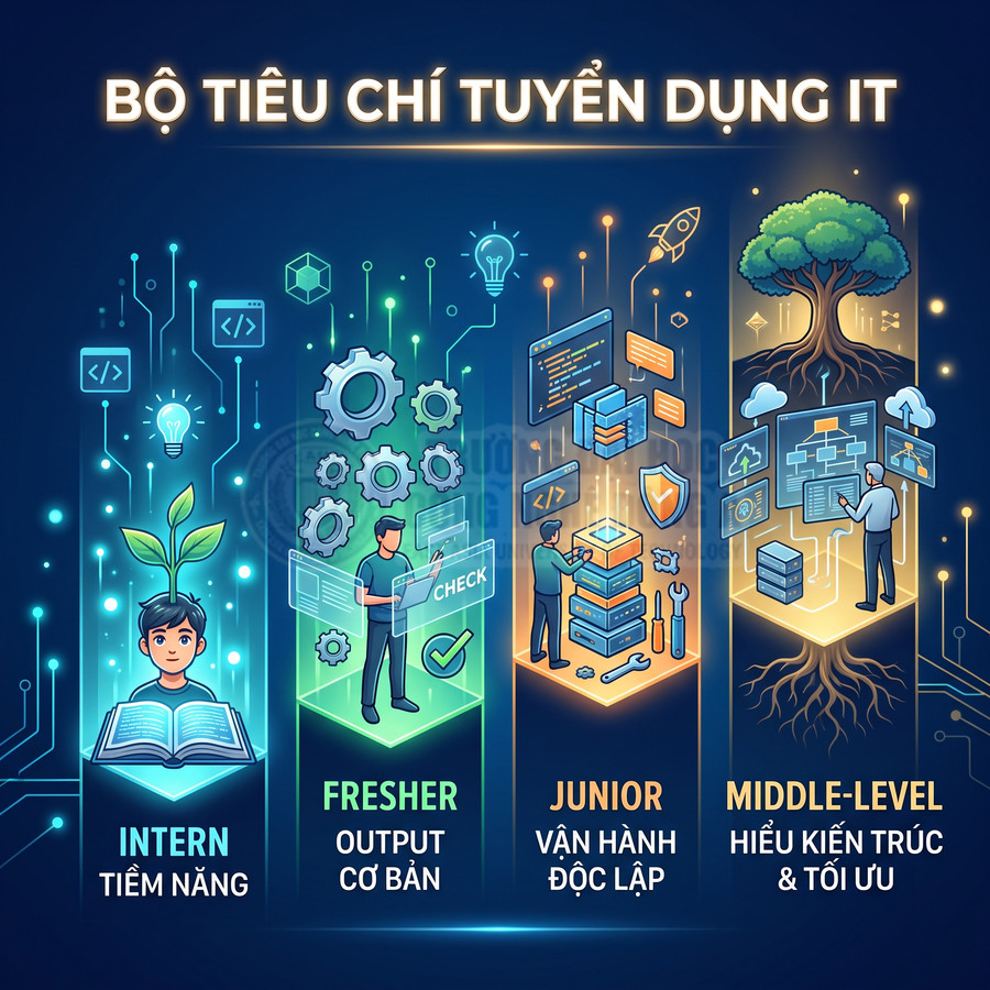 Bộ tiêu chí tuyển dụng IT minh họa yêu cầu cho Intern, Fresher, Junior và Middle Level