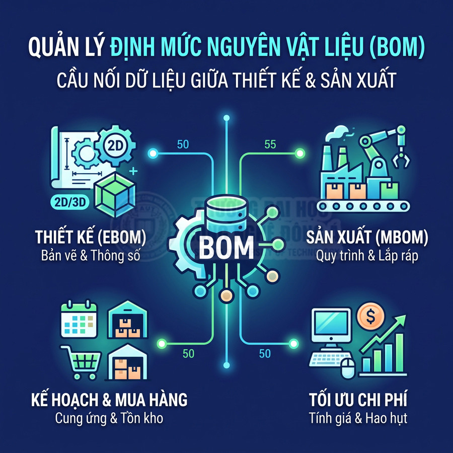Quản lý định mức nguyên vật liệu BOM kết nối thiết kế, sản xuất, kế hoạch mua hàng và tối ưu chi phí.