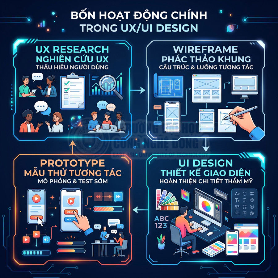 Infographic mô tả bốn hoạt động chính trong UX UI design gồm UX research, wireframe, prototype và UI design