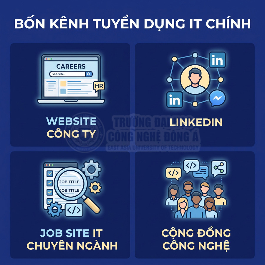Bốn kênh tuyển dụng IT chính: website công ty, LinkedIn, job site IT chuyên ngành và cộng đồng công nghệ