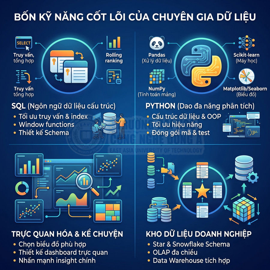 Infographic bốn kỹ năng cốt lõi của chuyên gia dữ liệu gồm SQL, Python, trực quan hóa và kho dữ liệu doanh nghiệp