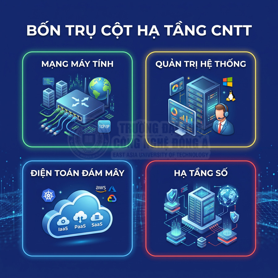 Minh họa bốn trụ cột hạ tầng CNTT gồm mạng máy tính, quản trị hệ thống, điện toán đám mây và hạ tầng số