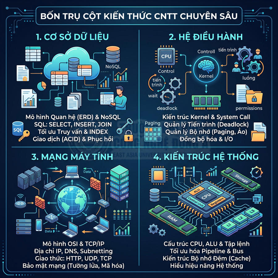 Infographic bốn trụ cột kiến thức CNTT chuyên sâu gồm cơ sở dữ liệu, hệ điều hành, mạng máy tính, kiến trúc hệ thống