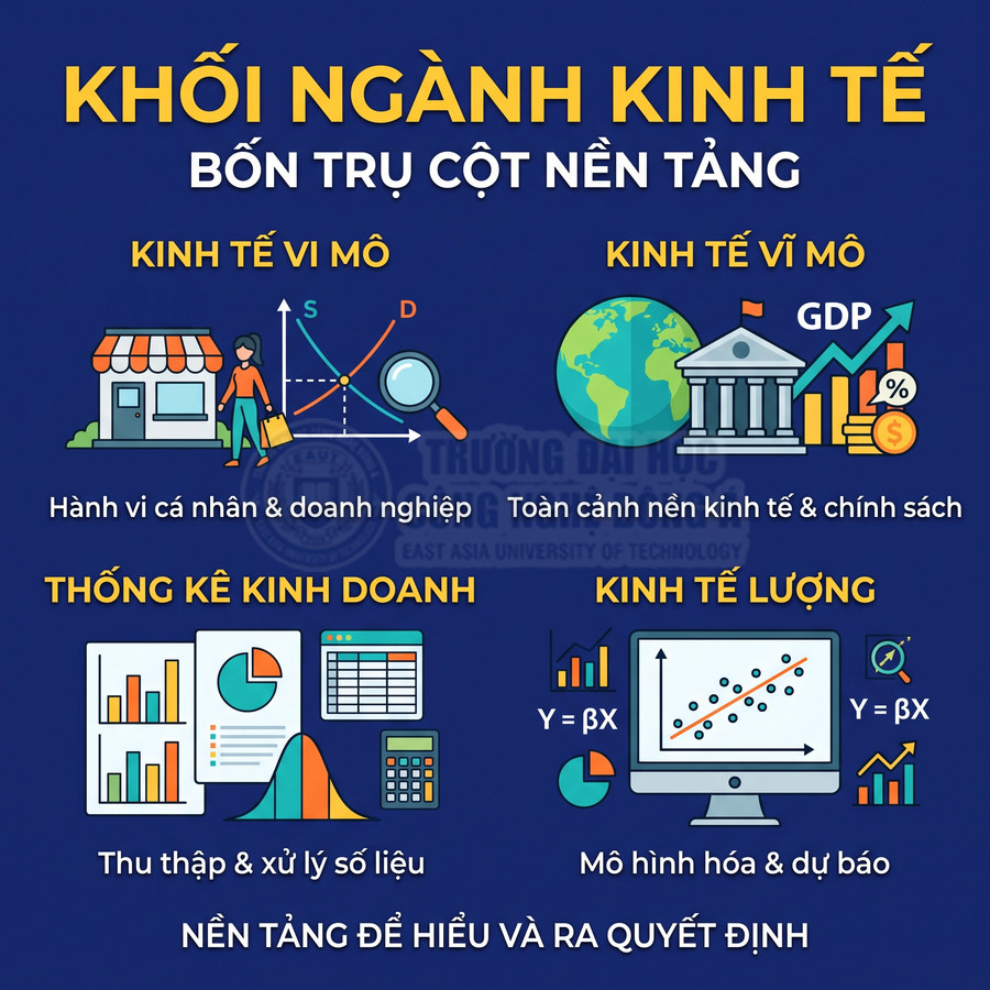 Đồ họa bốn trụ cột ngành kinh tế gồm kinh tế vi mô, kinh tế vĩ mô, thống kê kinh doanh và kinh tế lượng