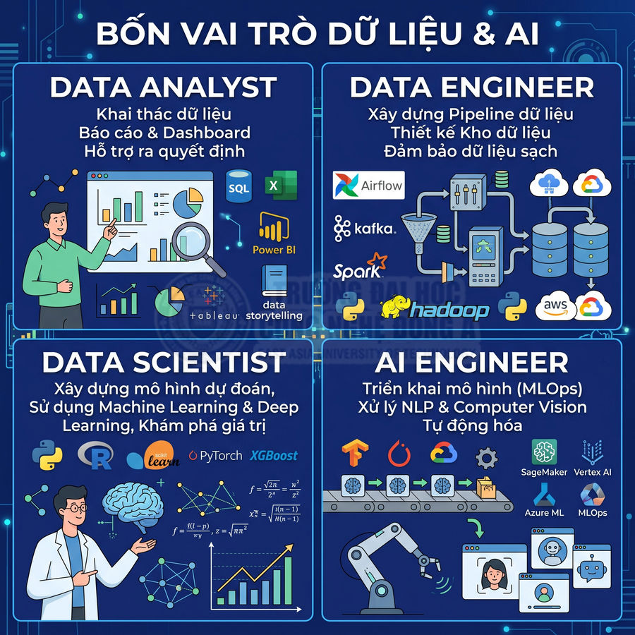 Infographic bốn vai trò Data Analyst, Data Engineer, Data Scientist, AI Engineer và các công cụ dữ liệu AI phổ biến