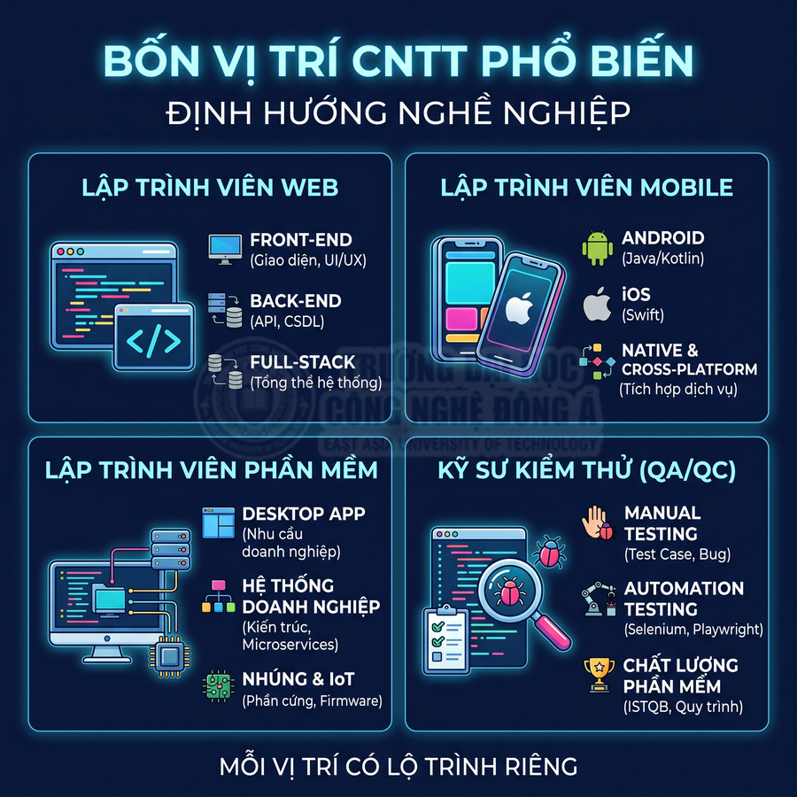Infographic bốn vị trí ngành CNTT phổ biến gồm lập trình web, mobile, phần mềm và kỹ sư kiểm thử QA QC