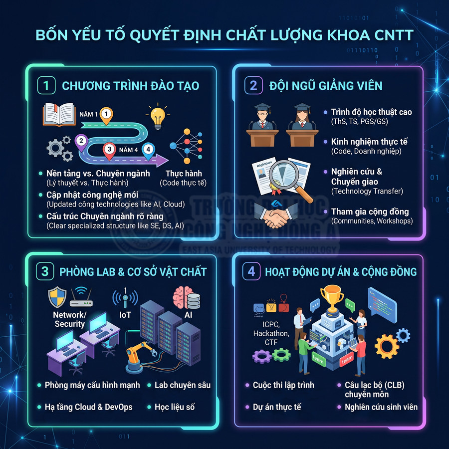 Infographic bốn yếu tố quyết định chất lượng khoa Công nghệ thông tin với chương trình đào tạo và hoạt động sinh viên