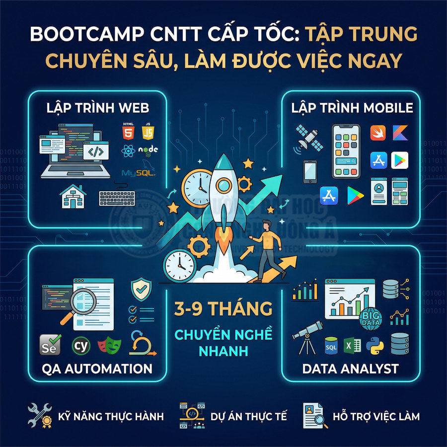Poster bootcamp CNTT cấp tốc 3 9 tháng với các khóa lập trình web mobile QA automation và data analyst