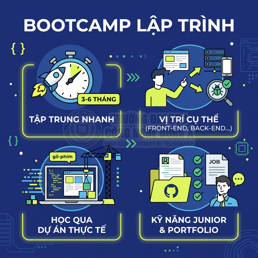 Poster giới thiệu bootcamp lập trình 3 đến 6 tháng, học dự án thực tế, định hướng vị trí front end back end và xây dựng portfolio