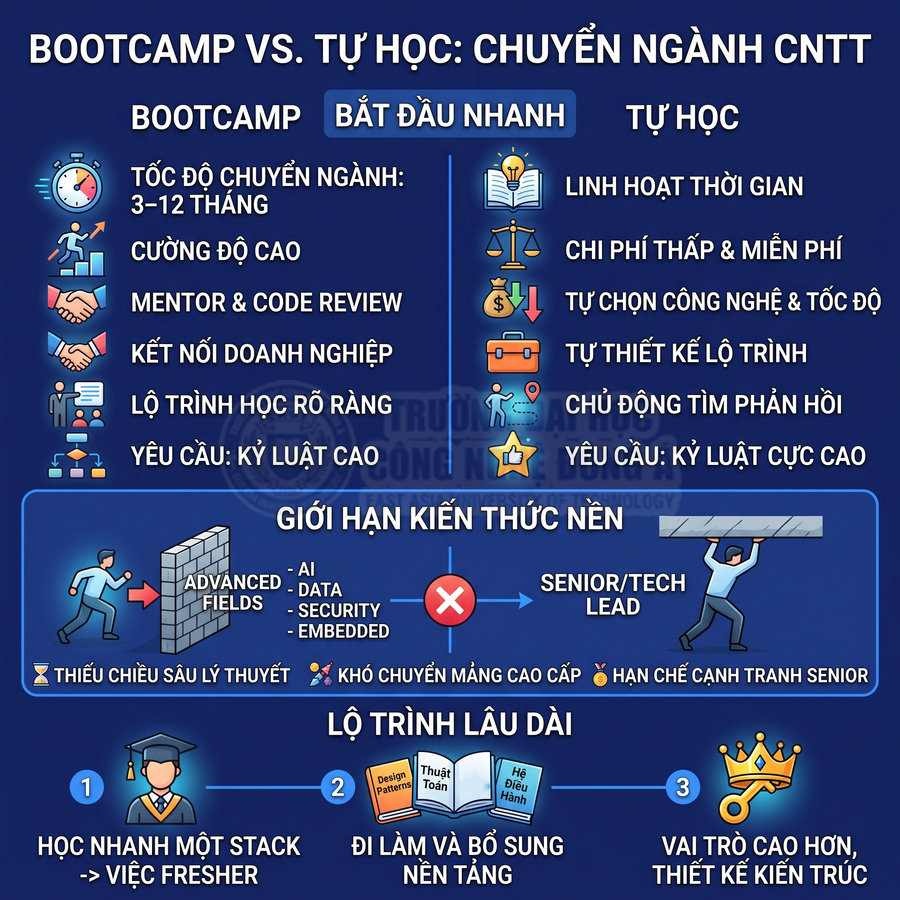 So sánh bootcamp và tự học khi chuyển ngành CNTT, nêu ưu nhược điểm, giới hạn kiến thức và lộ trình phát triển