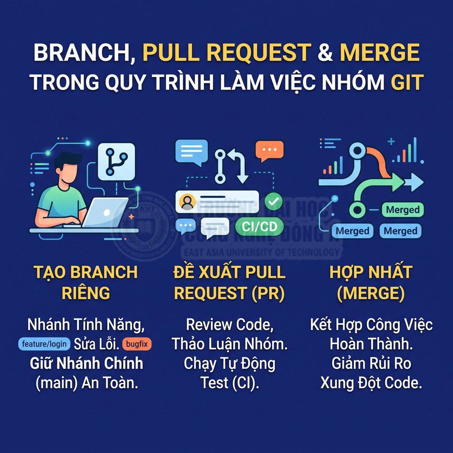 Quy trình làm việc nhóm Git với các bước tạo branch riêng, pull request và merge, minh họa bằng icon lập trình