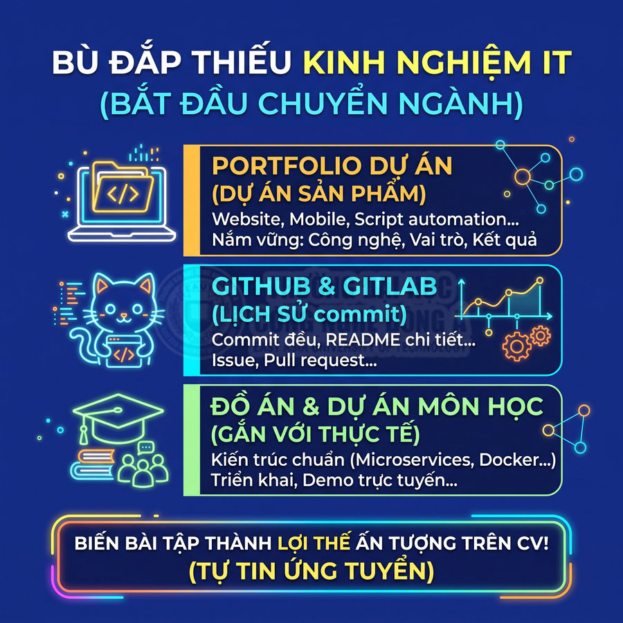 Nội dung hướng dẫn bù đắp thiếu kinh nghiệm IT bằng portfolio dự án, GitHub GitLab và đồ án thực tế để tăng lợi thế CV