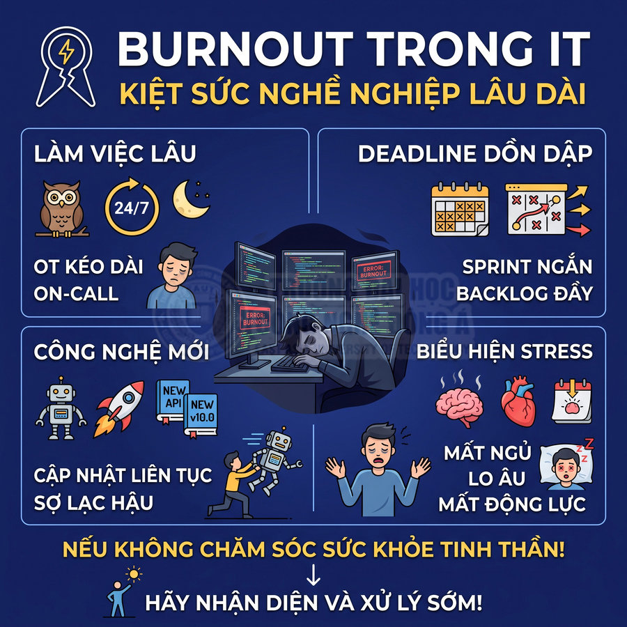 Infographic burnout trong ngành IT với lập trình viên kiệt sức vì làm việc lâu, deadline dồn dập và stress kéo dài