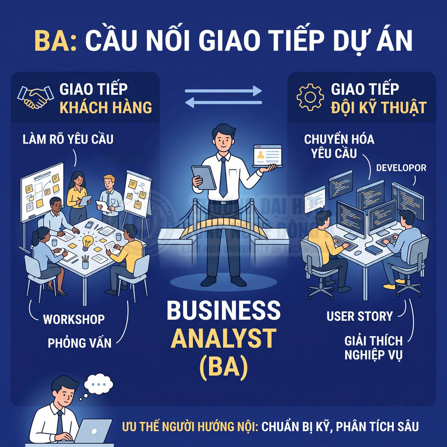 Mô tả vai trò Business Analyst làm cầu nối giao tiếp giữa khách hàng và đội kỹ thuật trong dự án phần mềm