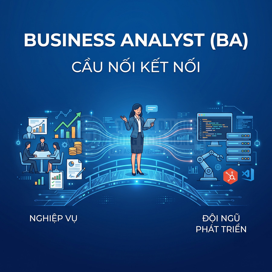 Minh họa Business Analyst làm cầu nối giữa nghiệp vụ kinh doanh và đội ngũ phát triển phần mềm