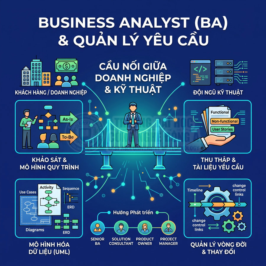 Minh họa vai trò Business Analyst BA làm cầu nối giữa doanh nghiệp và đội ngũ kỹ thuật trong quản lý yêu cầu