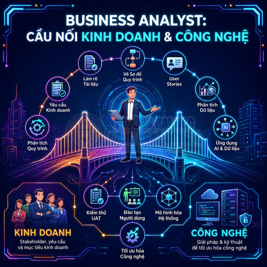 Minh họa vai trò Business Analyst làm cầu nối giữa kinh doanh và công nghệ với các nhiệm vụ và kỹ năng chính
