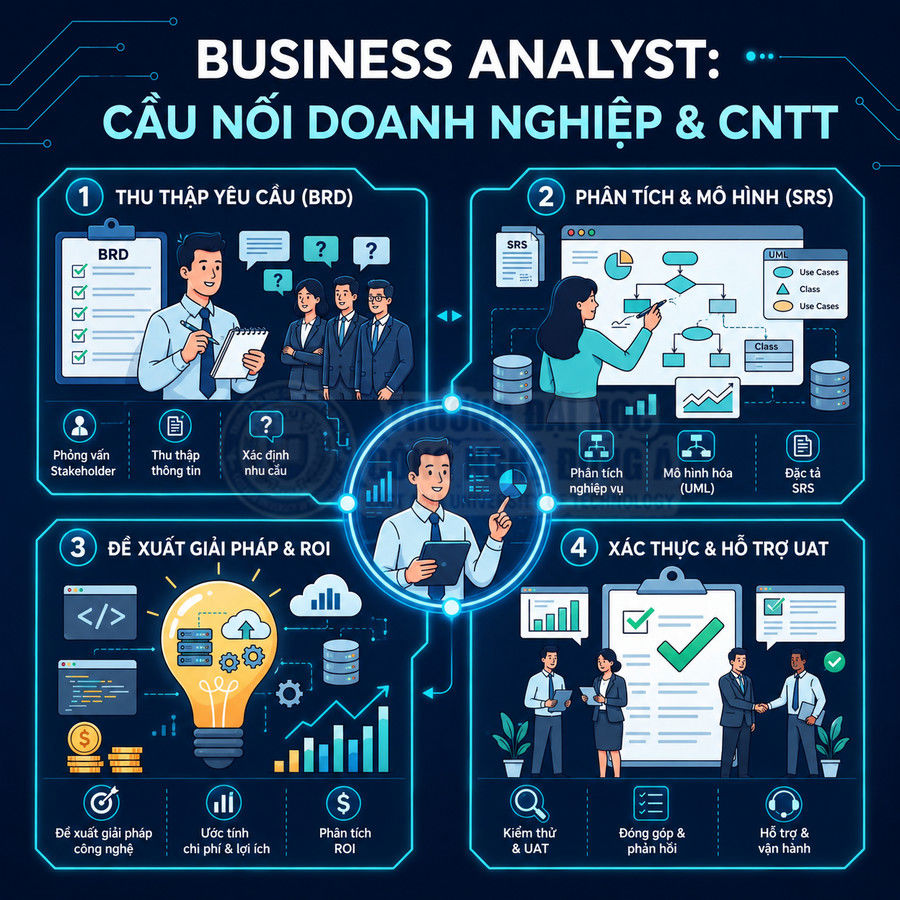 Mô tả vai trò Business Analyst với quy trình thu thập yêu cầu, phân tích mô hình, đề xuất giải pháp và hỗ trợ UAT