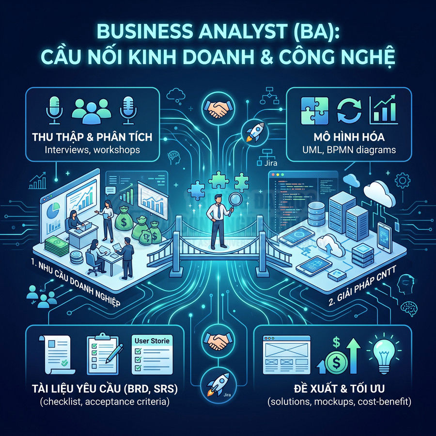 Minh họa vai trò Business Analyst kết nối nhu cầu doanh nghiệp với giải pháp công nghệ thông tin