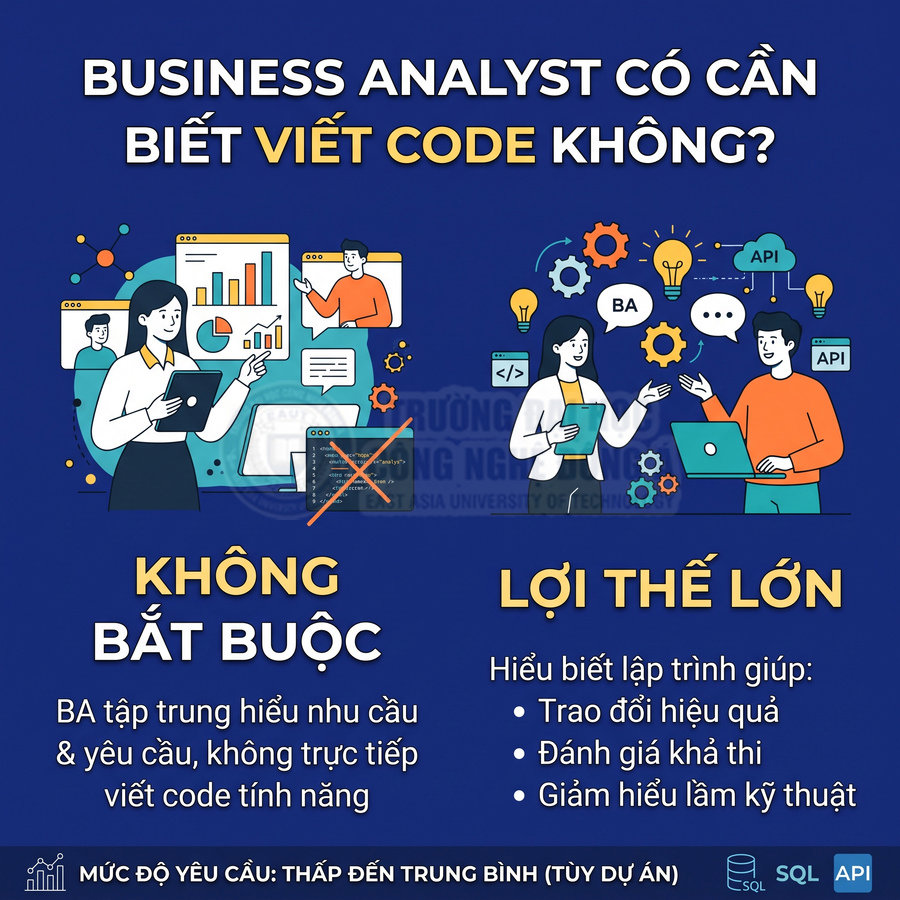 Business Analyst có cần biết viết code không, so sánh không bắt buộc nhưng có lợi thế lớn khi hiểu lập trình