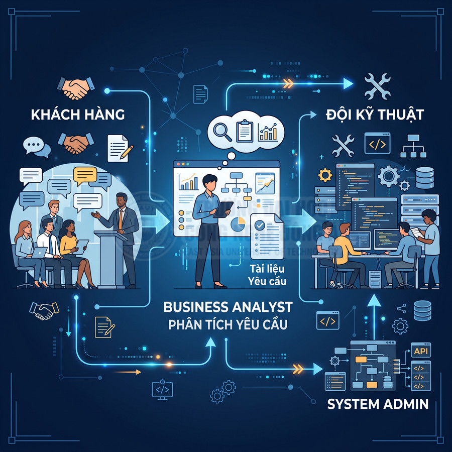 Mô hình quy trình Business Analyst phân tích yêu cầu giữa khách hàng, đội kỹ thuật và System Admin