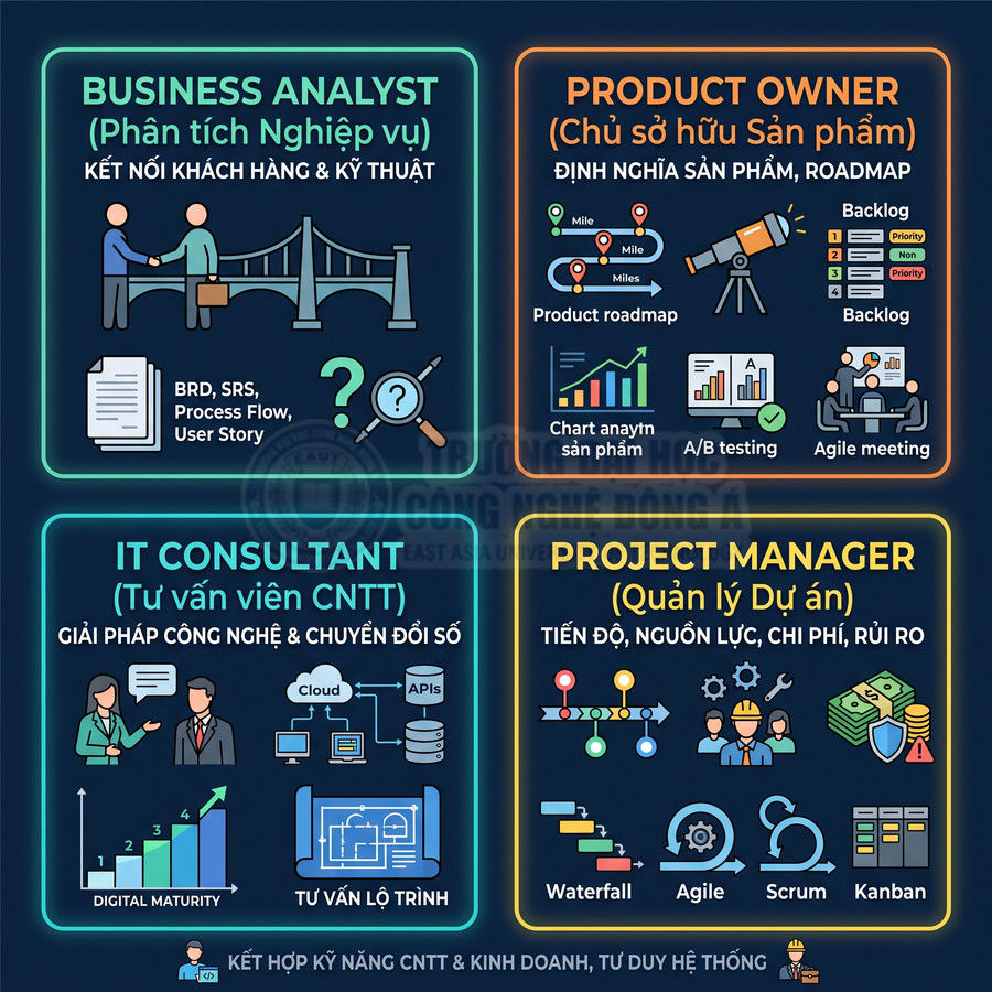 Mô tả các vai trò Business Analyst, Product Owner, IT Consultant, Project Manager trong lĩnh vực CNTT và quản lý dự án