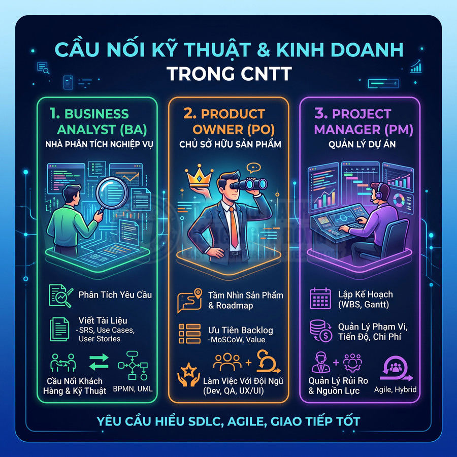 So sánh vai trò Business Analyst, Product Owner và Project Manager trong ngành CNTT bằng infographic trực quan
