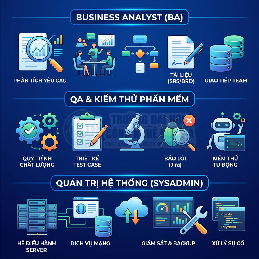 Mô tả các kỹ năng và công việc của BA, QA kiểm thử phần mềm và quản trị hệ thống trong ngành IT