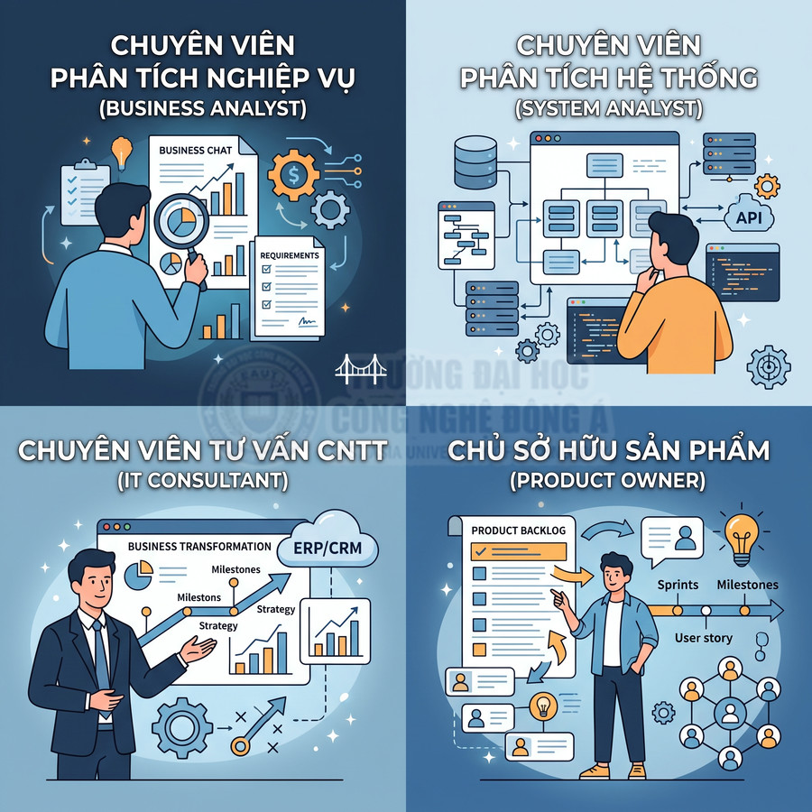 Minh họa bốn vị trí ngành CNTT gồm business analyst, system analyst, IT consultant và product owner